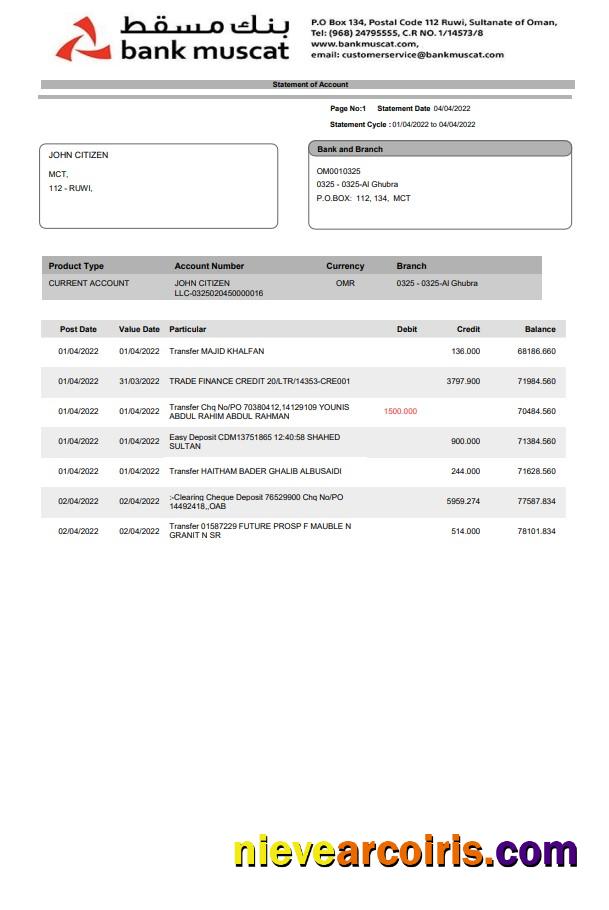 Oman Bank Muscat bank statement